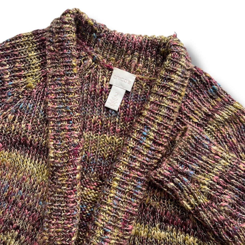 Chicos 2 Women L Pink Gold Multi Metallic Chunky Knit Open Front Cardigan Sweatr